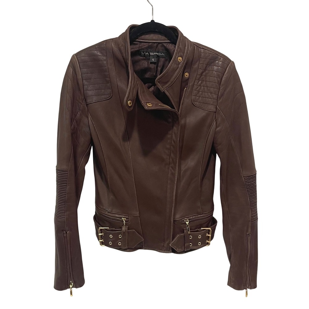 Via Spiga Moto Jacket Women S Brown Leather Biker Quilted Ribbed Gold Hardware